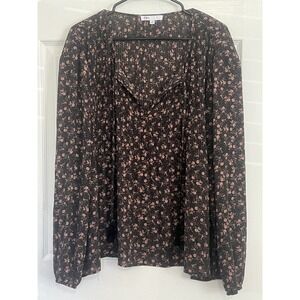 DR2 Long Sleeve Floral Blouse Casual Business Work V-Neck Top Tassel Ties Sz XL